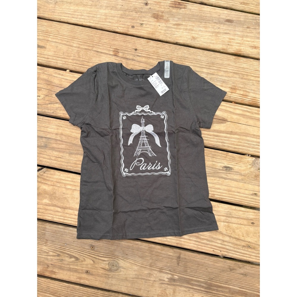 The Childrens Place Girls L 10/12 Paris Eiffel Tower Glitter Graphic Tee Grey